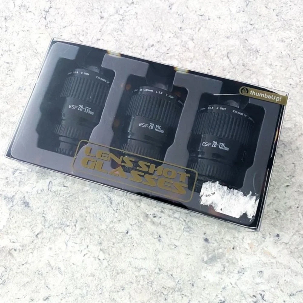 NIB Thumbs Up Camera Lens Shot Glass Set of 3 Home Decor Photographer Gift
